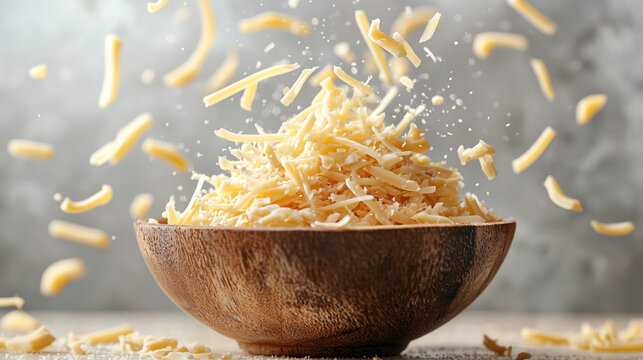 Shredded cheese falls gracefully into wooden bowl, creating delightful and appetizing scene