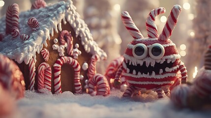 A monster with candy-cane stripes hiding in a gingerbread house 