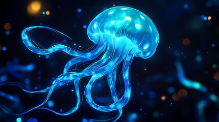 A monster with glowing jelly-like features floating in a bioluminescent ocean 