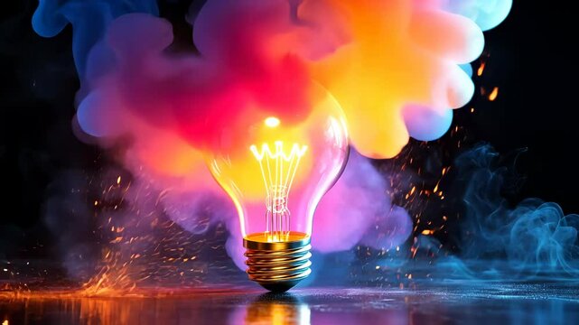 Light bulb splashing with colorful liquid on a blue background with bokeh effect, representing innovation and creativity Think differently creative idea concept copy space for text video 4k