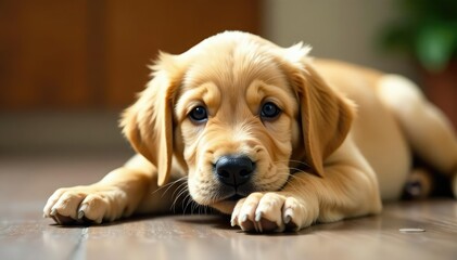 Golden Retriever puppy lies down, head tilted , dog breed, pet, animal