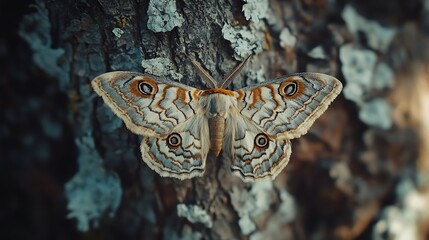 A moth with delicate wings patterned like tree bark blending into its surroundings 