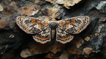 A moth with delicate wings patterned like tree bark blending into its surroundings 