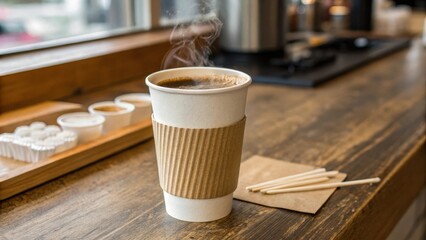 Hot coffee in a paper cup on a wooden counter with steam rising.