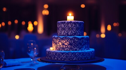 A multi-tiered cake with futuristic patterns and a radiant candle at the summit 