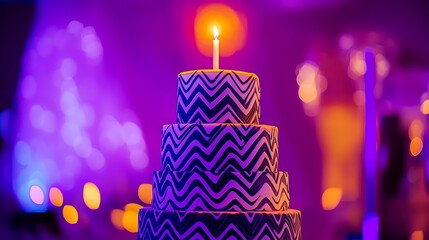 A multi-tiered cake with futuristic patterns and a radiant candle at the summit 