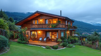 Obraz premium Mountaintop cabin, evening, lit windows, lush garden