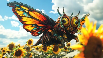A multicolored monster with butterfly wings flying over a field of sunflowers 