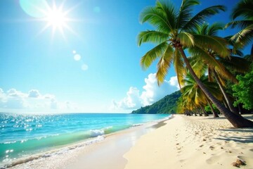 Obraz premium Palm trees sway over pristine beach; gentle waves caress shore , palm trees, tropical paradise, beach