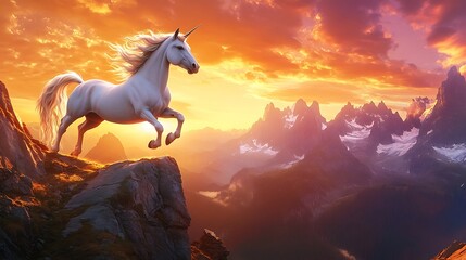 AN UNICOR IS POSING ON TOP OF MOUNTAIN , AMAZING VIEW