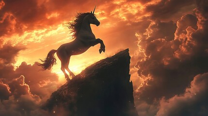 AN UNICOR IS POSING ON TOP OF MOUNTAIN , AMAZING VIEW