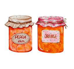 Watercolor jar of peach jam illustration. Sweet, fruity preserve art. Ideal for food, breakfast, and homemade designs