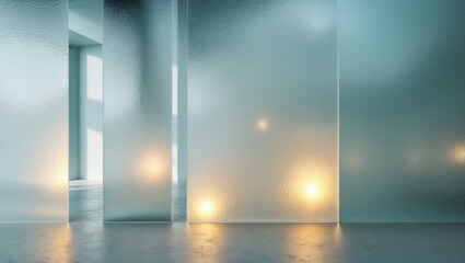 Modern Interior Design With Frosted Glass Panels And Soft Lighting Effects