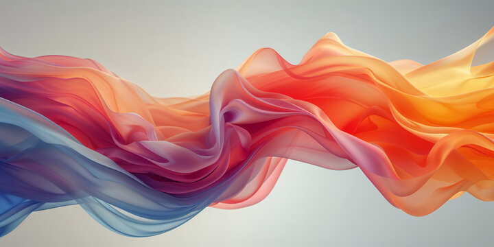 A vibrant, flowing wave of sheer fabric in sunset hues, a dance of color and light, evoking feelings of freedom and grace with smooth, ethereal textures.