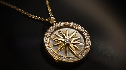 A necklace designed as a compass, with diamonds marking the cardinal points 