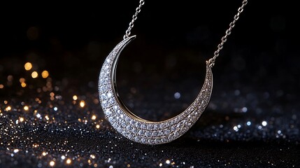 A necklace designed as a crescent moon with diamonds sparkling like a starry night sky 