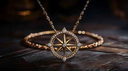 A necklace designed as a compass, with diamonds marking the cardinal points 