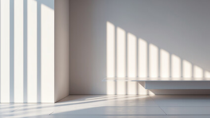 Minimalist White Interior With Sunlight And Shadows Creating A Serene Atmosphere