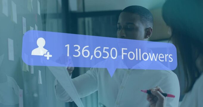 In office, business professionals discussing strategy with follower count animation overlay