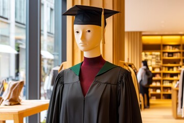 Mannequin in Black Graduation Gown and Cap in Modern Store