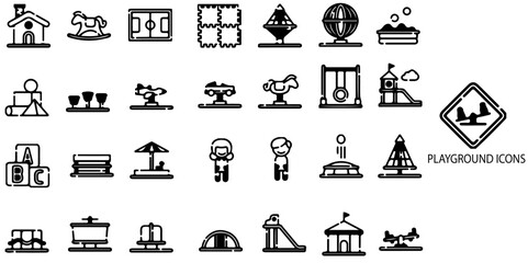 Playground simple concept 28 icons set. Contain such park, swing, slide, child, kid and more .Vector illustration.