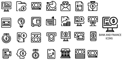 Bank and finance simple concept 28 icons set. Contain such Stock, Tax, Exchange, loans, ATM, mortgage, investment ,Budget, Funds, Earnings and more .Vector illustration.