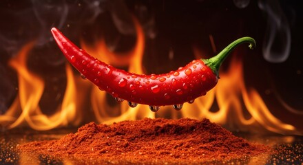 Spicy Red Chili Pepper with Water Droplets Over Chili Powder and Fire