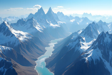 Majestic Aerial View of Snow-Capped Peaks and Serene River Valley, A Breathtaking Landscape of Natural Beauty and Tranquility with Jagged Mountain Range