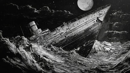 Fototapeta premium Ship in rough seas at night with a large moon