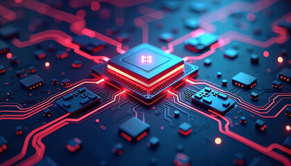 Glowing microchip on circuit board, blue futuristic technology