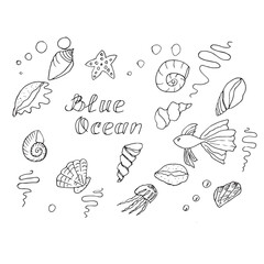 Hand drawn black and white doodle set with lettering blue ocean sea elements vector set illustration on white background. For printing and textile postcards.