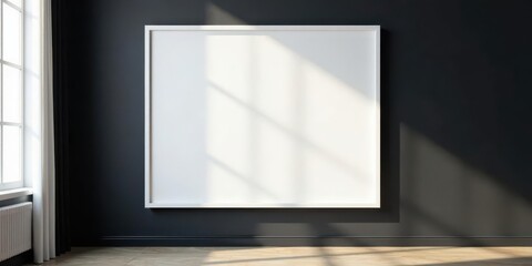 Modern minimalist interior with large blank frame, sunlight streaming through window, showcasing empty wall space for artwork or design presentation