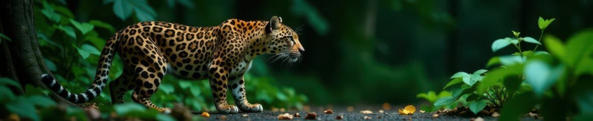 Sleek leopard, lush green foliage, dark backdrop, wild, asia