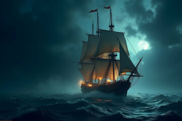 Majestic Galleon Sailing Under Moonlight, A High-Resolution Stock Photo of a Classic Tall Ship Navigating a Stormy Sea with Illuminated Sails