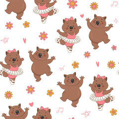Seamless pattern with dancing wombat characters. Cute animal vector illustration. Cartoon seamless background, texture, backdrop