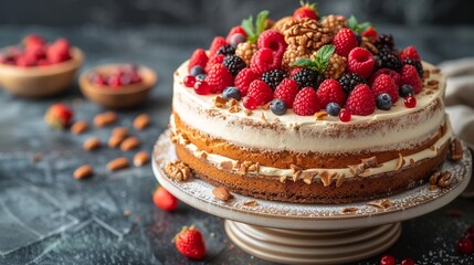 Neutral cake decorative topper on stylish ceramic stand copy space on the right side