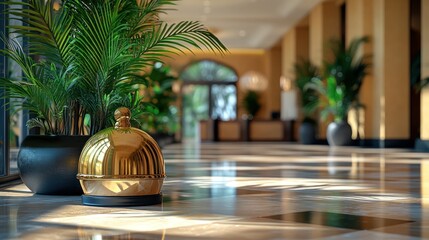 Luxurious hotel lobby with gold bell and plants