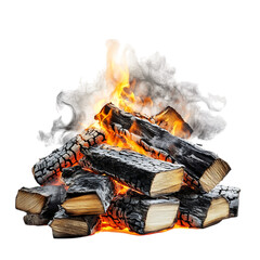A Pile of Firewood Burning with Vibrant Orange Flame Isolated on Transparent Background