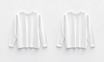 Two identical white long-sleeve crew neck sweatshirts, displayed against a plain white background.  They are presented as mockups, showcasing a blank design area for branding or printing