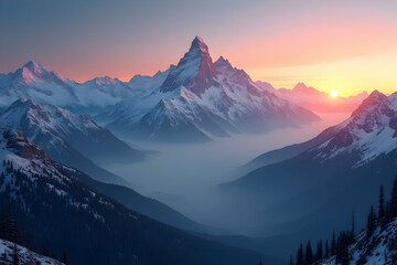 Majestic mountain range covered with snow during sunset, showcasing the harmony between the rugged peaks and the soft light of the setting sun over misty valley