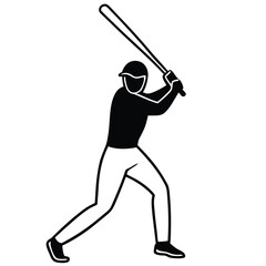 Black silhouette vector illustration of a baseball player with bat hitting the ball, a classic batter in the sport