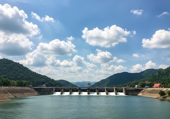 Serene Dam Landscape Bright Sunny Day. AI Generated