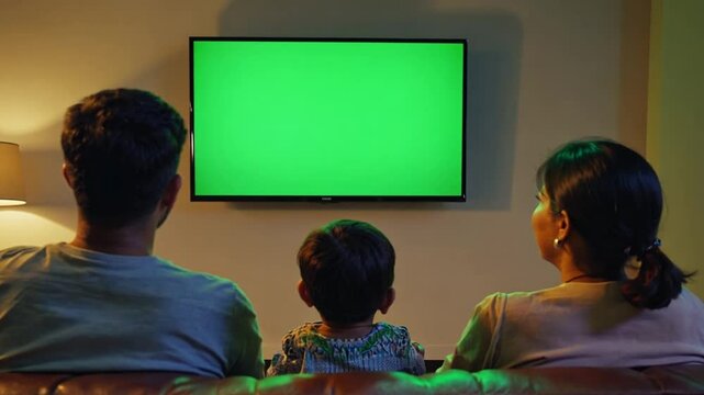 An Indian mother, father, and young son sit together on a couch watching a television with a green chroma key screen. Concept of family bonding, home entertainment, and customizable video.