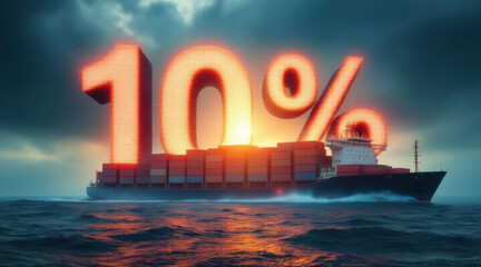 Tariff Taxes. cargo ship sails with glowing 10 percent symbol above it symbolizing tariff impact on trade