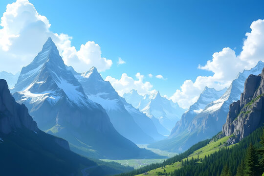 Majestic Mountain Vista, A Breathtaking Panorama of Snow-Capped Peaks, Lush Green Valleys, and Azure Skies Inspiring Awe and Wonder in Nature's Grandeur