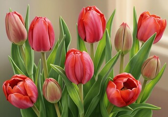 Obraz premium Vibrant red tulips softly lit bloom beautifully. AI Generated