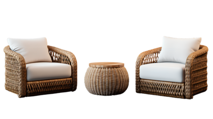 A set of three different wooden armchairs with white cushions and two round wicker side tables, all on a transparent background