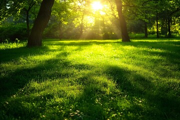 Fototapeta premium Natures Glow Sunlight Dances on a Lush Green Meadow