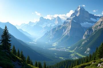 Fototapeta premium Majestic Mountain Vista, A High-Resolution Stock Photo of a Stunning Landscape with Snow-Capped Peaks, Lush Green Valleys, and a Serene Atmosphere