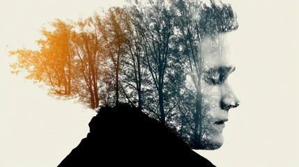 Double exposure portrait of a man merging with autumnal trees, serene expression, dark clothing, light background.
